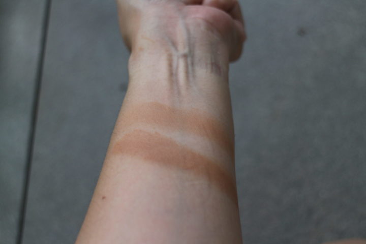 Top swatch is Make Me & Glow, bottom swatch is Chanel Universel bronzing base 